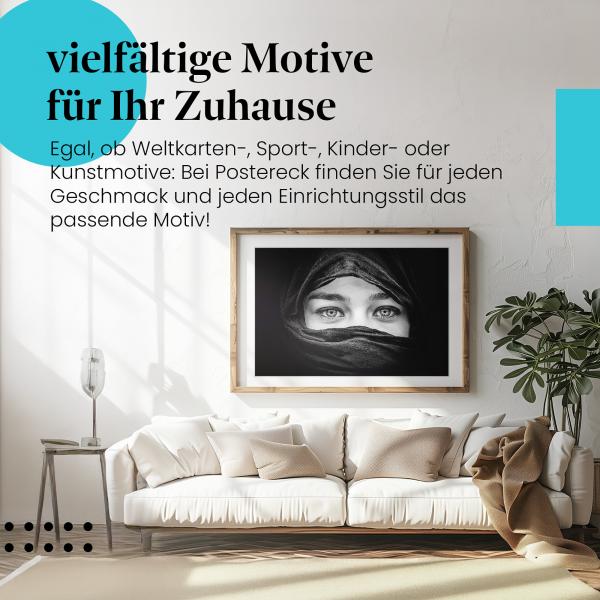 Stylisches Leinwandbild: Geheimnisvolle Augen - Porträt einer Frau mit Hidschab.